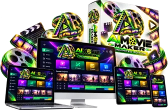 Unlimited Movie review product mockup: the AiMovie Maker Unlimited Edition box with the dashboard on a monitor, laptop, tablet and phone