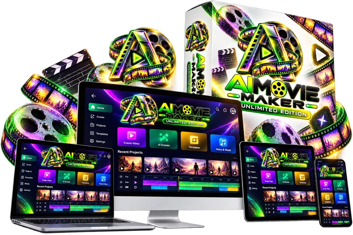 Unlimited Movie review product mockup: the AiMovie Maker Unlimited Edition box with the dashboard on a monitor, laptop, tablet and phone