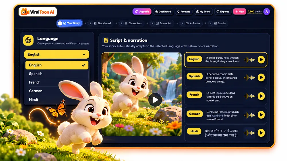 ViralToon AI language engine screen with script and narration language options