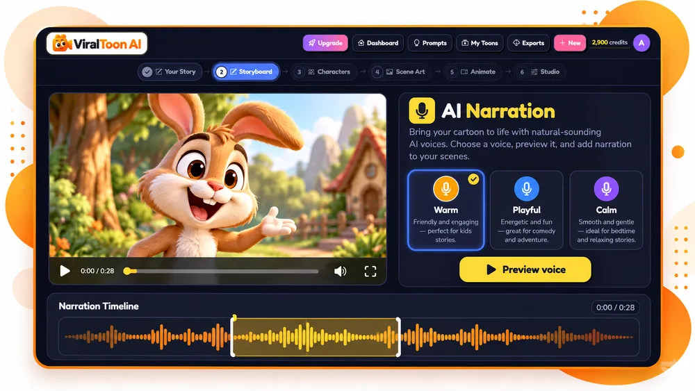 ViralToon AI AI narration studio screen with a voice timeline and voice options