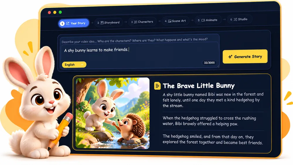 ViralToon AI AI story writer screen with a generated children's story and a cartoon bunny
