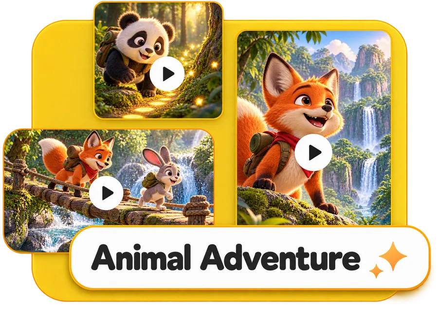 ViralToon AI collage of animal adventure cartoon frames labelled Animal Adventure