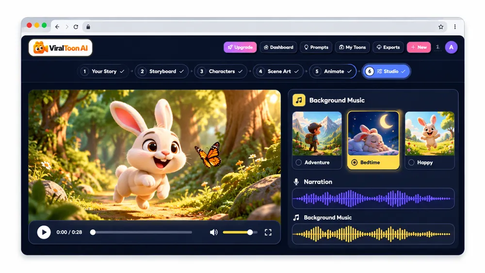 ViralToon AI background music engine screen with a music track and mood options