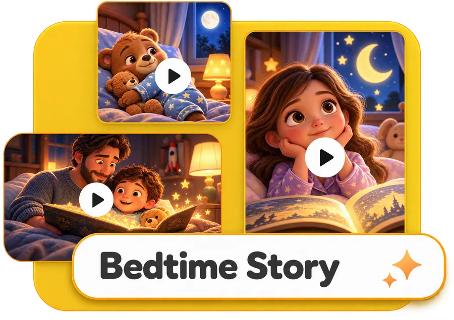 ViralToon AI collage of cozy bedtime story cartoon frames labelled Bedtime Story