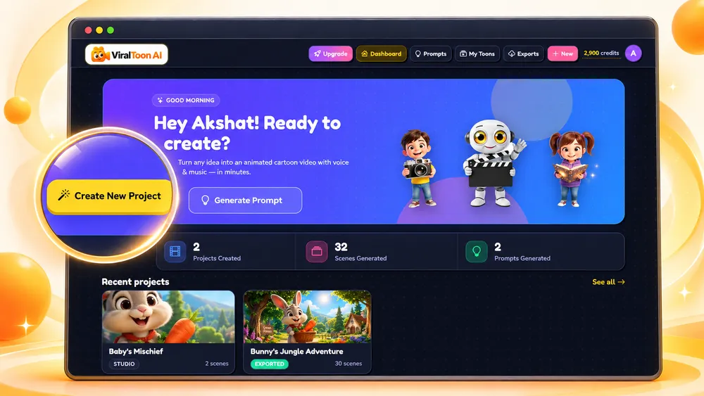 ViralToon AI beginner-friendly cloud dashboard with a Hey Akshat, ready to create prompt