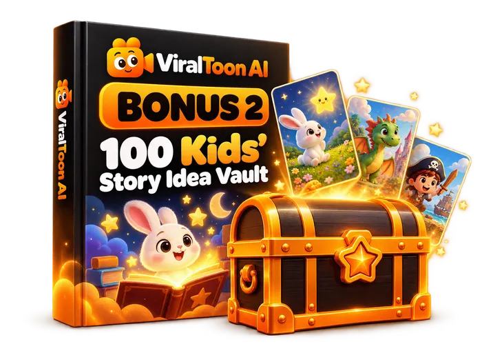 ViralToon AI Bonus 2 100 Kids Story Idea Vault product box with a treasure chest
