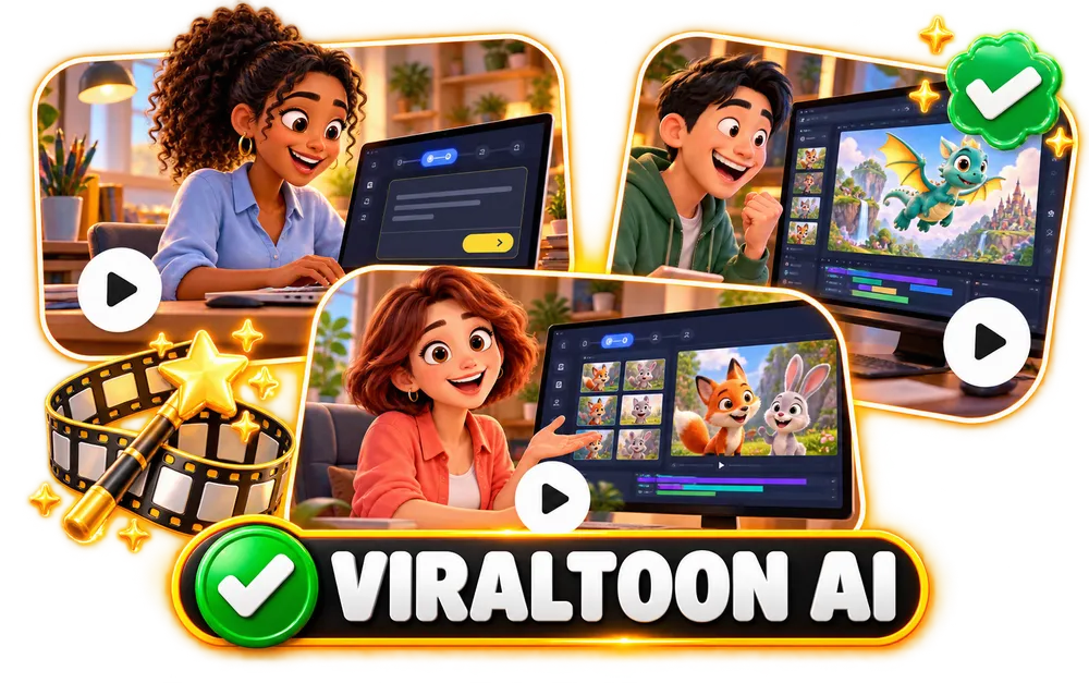 Creators using ViralToon AI to turn ideas into cartoon videos, with a ViralToon AI check mark badge