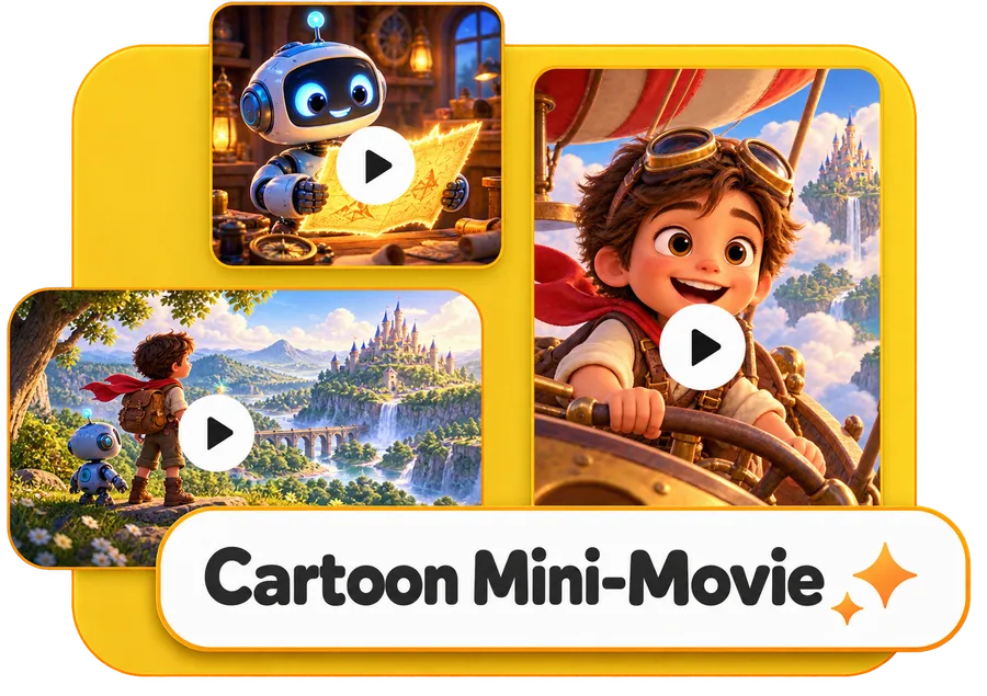 ViralToon AI collage of cartoon mini-movie frames labelled Cartoon Mini-Movie