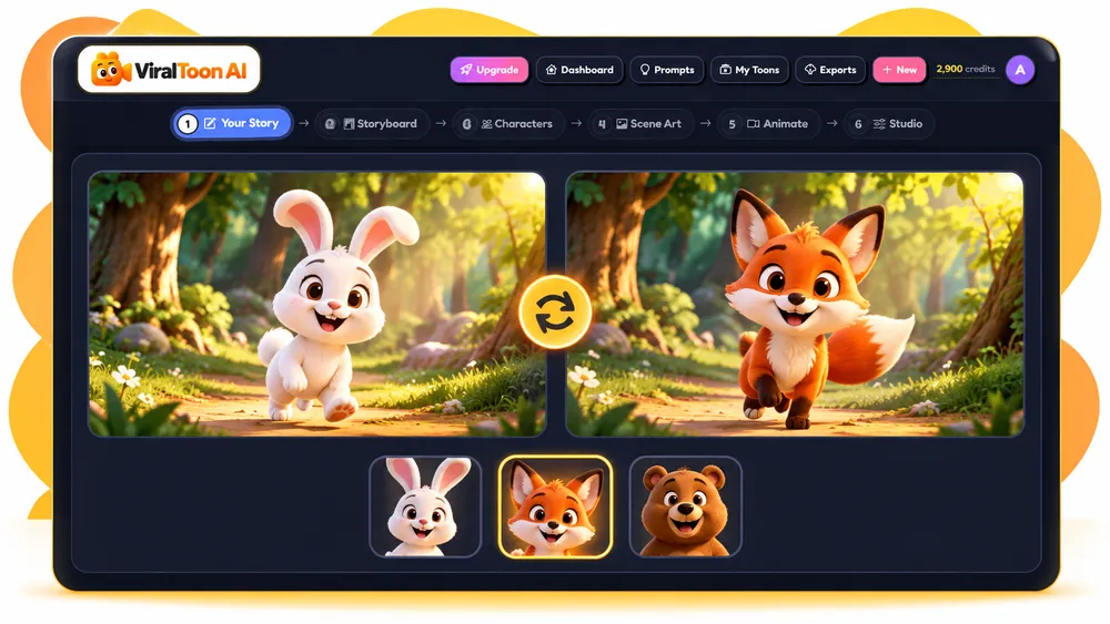 ViralToon AI character swap screen showing a bunny and a fox character being swapped