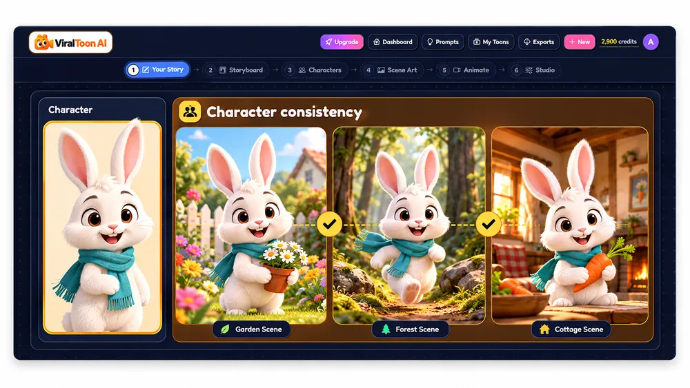 ViralToon AI consistent character engine screen showing the same bunny character across several scenes
