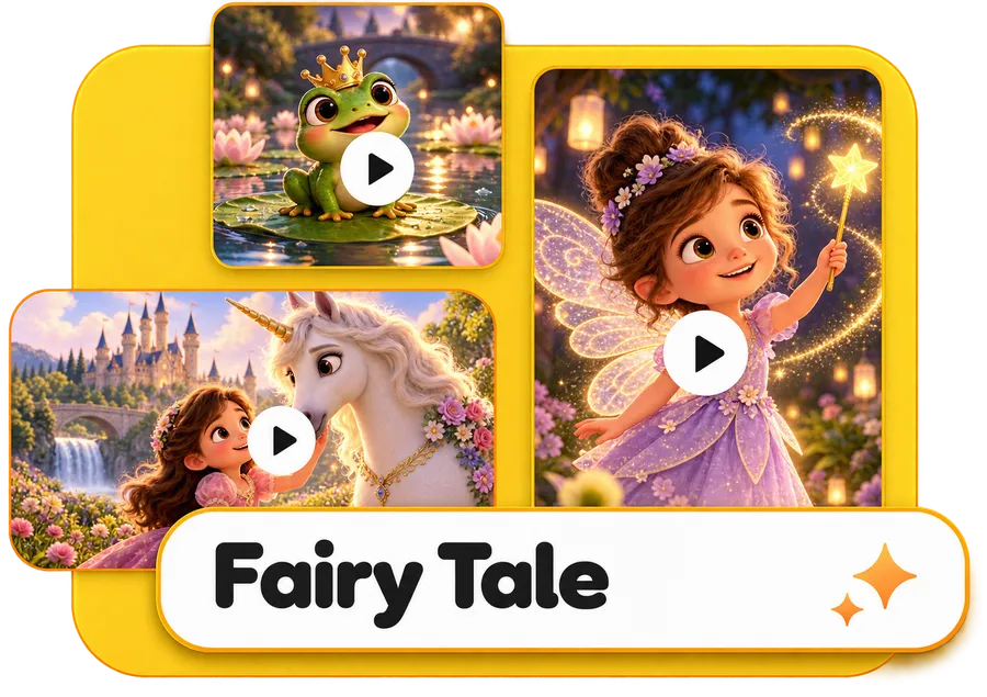ViralToon AI collage of enchanted fairy tale cartoon frames labelled Fairy Tale