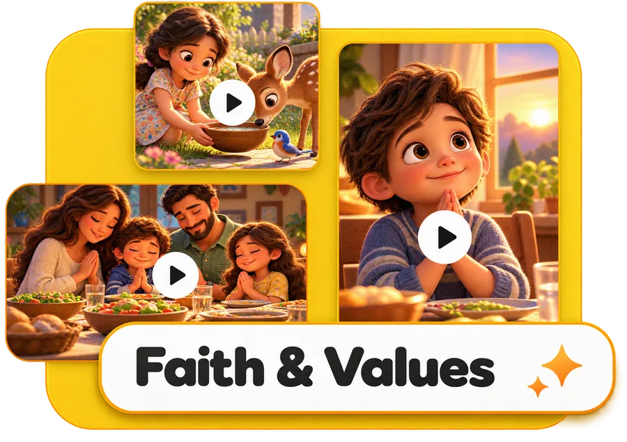 ViralToon AI collage of kindness and gratitude cartoon frames labelled Faith and Values