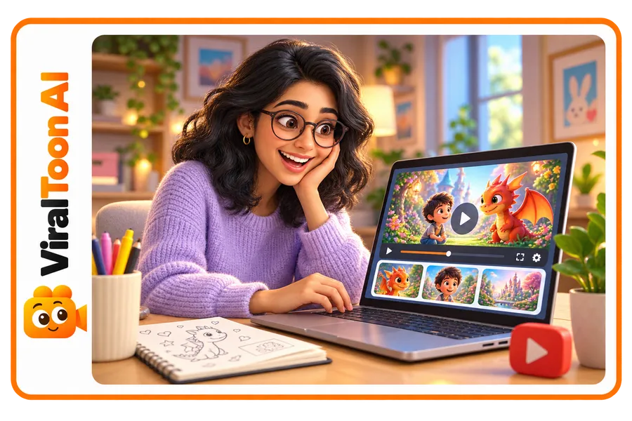 Woman watching her first animation preview made with ViralToon AI on a laptop