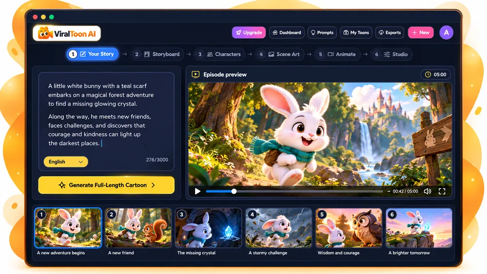 ViralToon AI full-length text-to-video screen with an animated forest scene and scene thumbnails