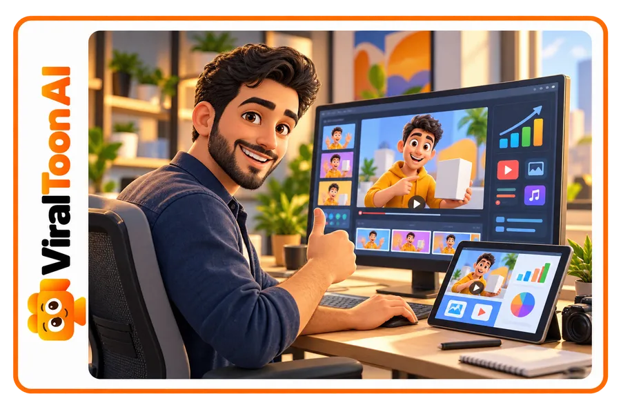 Marketer working with ViralToon AI on a laptop and tablet in a creative studio