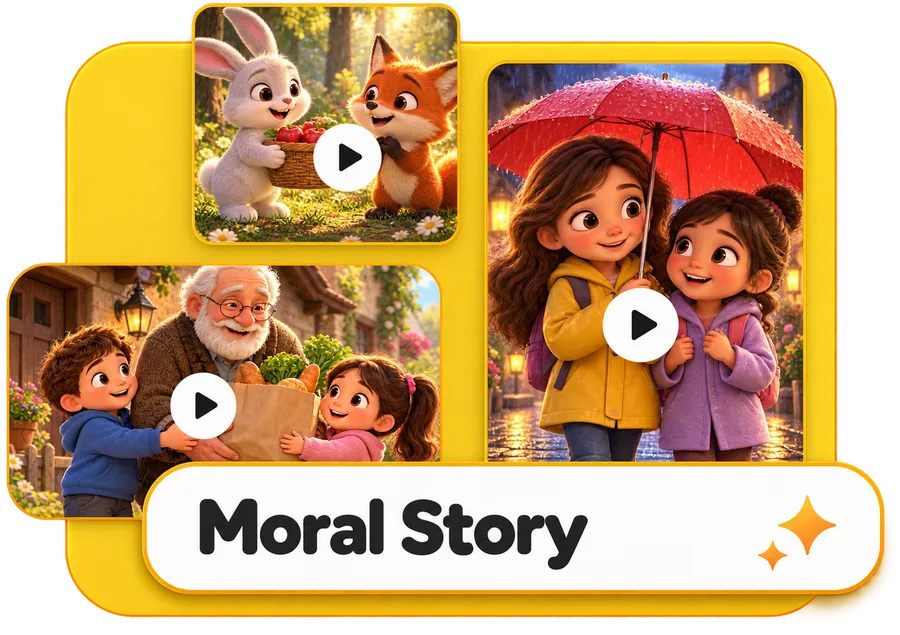 ViralToon AI collage of kind moral story cartoon frames labelled Moral Story
