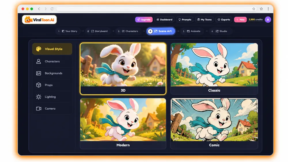 ViralToon AI multi-style cartoon library showing 3D, classic, modern and comic book styles of the same bunny scene