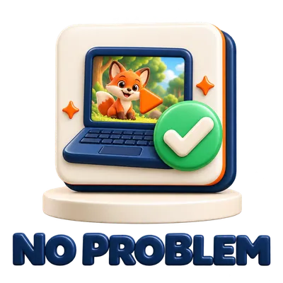 ViralToon AI No Problem badge with a laptop showing a fox video and a green check
