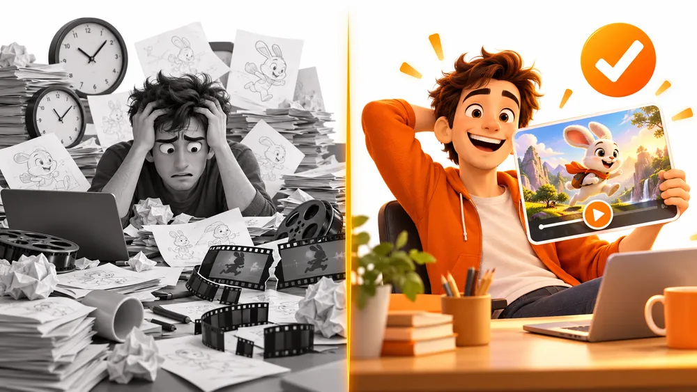 Split image of a stressed person buried in animation paperwork next to a happy creator making a cartoon with ViralToon AI