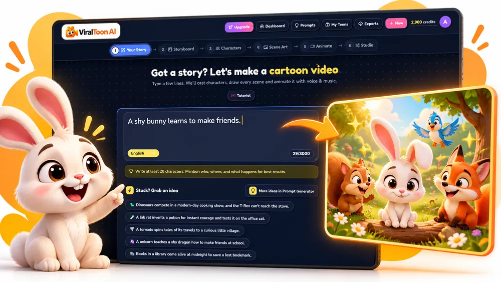 ViralToon AI one-click cartoon generator with a cartoon bunny and a story prompt