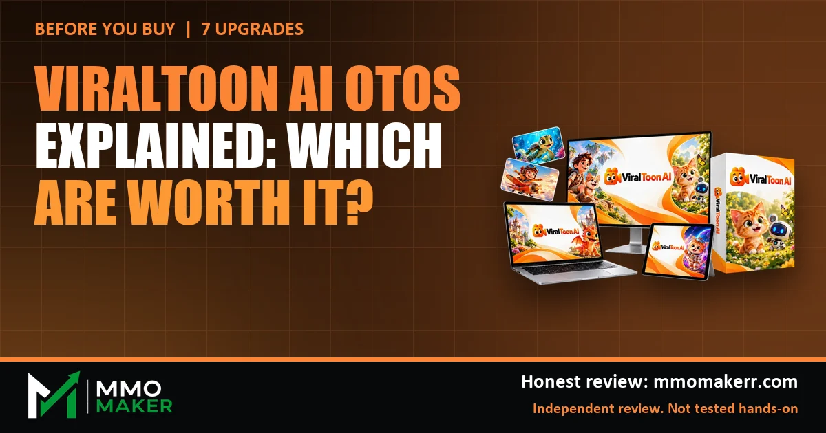 ViralToon AI OTOs explained: all 7 upgrades and the checkout add-on, featured image with the ViralToon AI product mockup