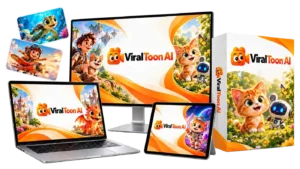 ViralToon AI review product mockup showing the cartoon video maker on a laptop, tablet and phone