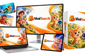 ViralToon AI review product mockup showing the cartoon video maker on a laptop, tablet and phone