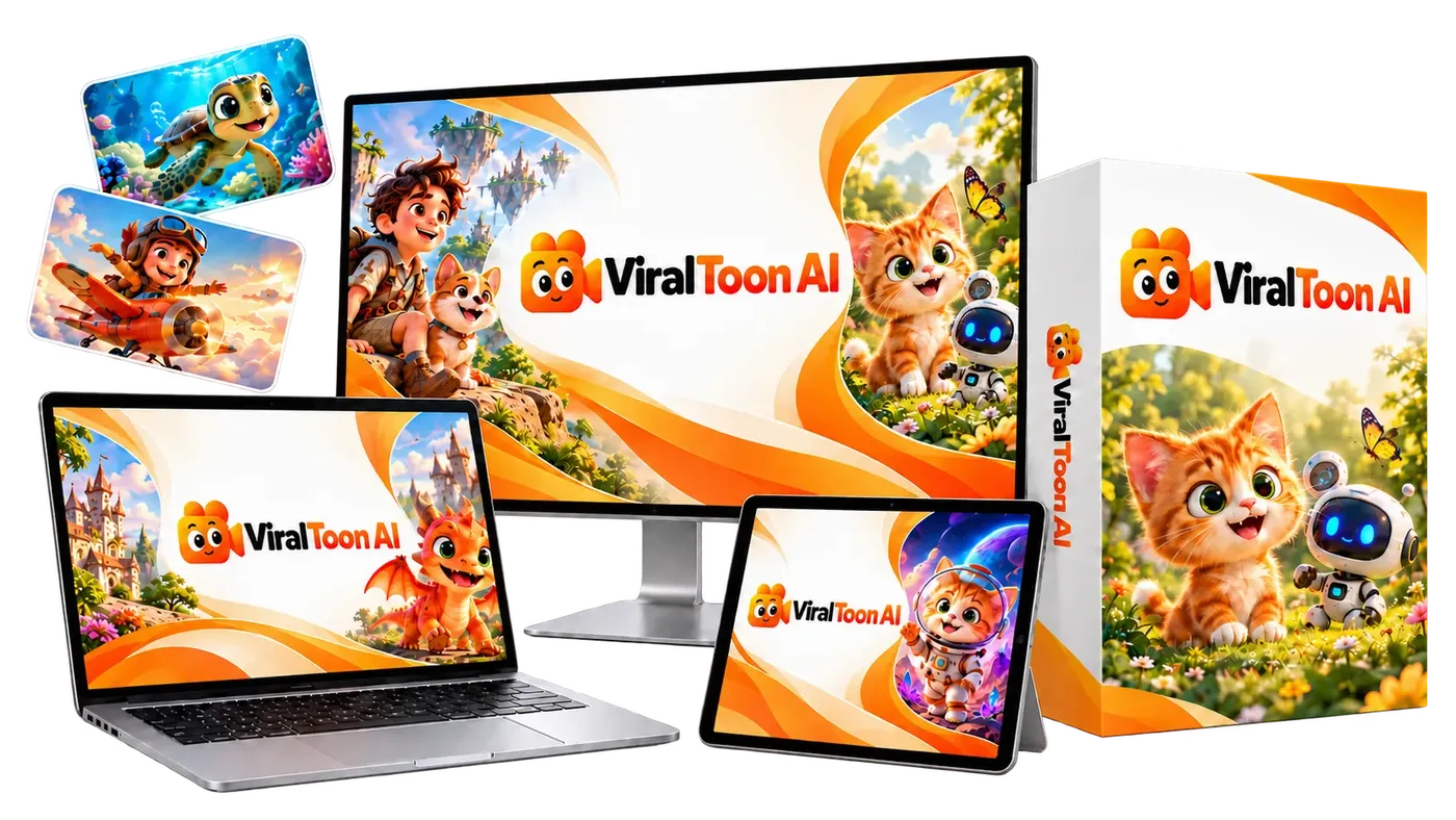 ViralToon AI review product mockup showing the cartoon video maker on a laptop, tablet and phone
