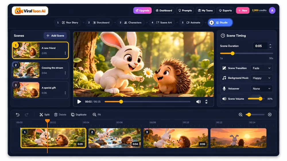 ViralToon AI scene and timing editor screen with a timeline of cartoon scenes