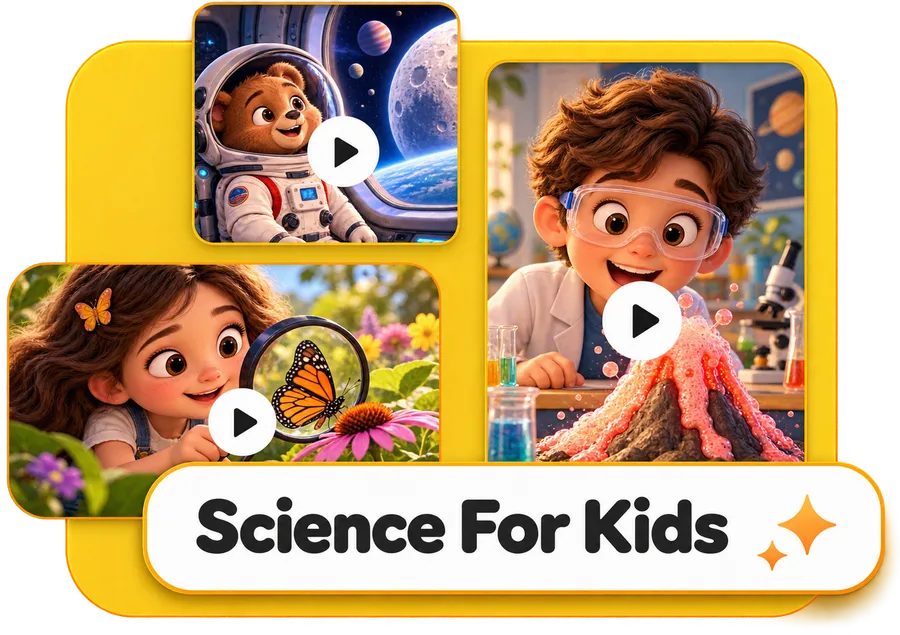 ViralToon AI collage of science for kids cartoon frames with an astronaut and a volcano labelled Science For Kids