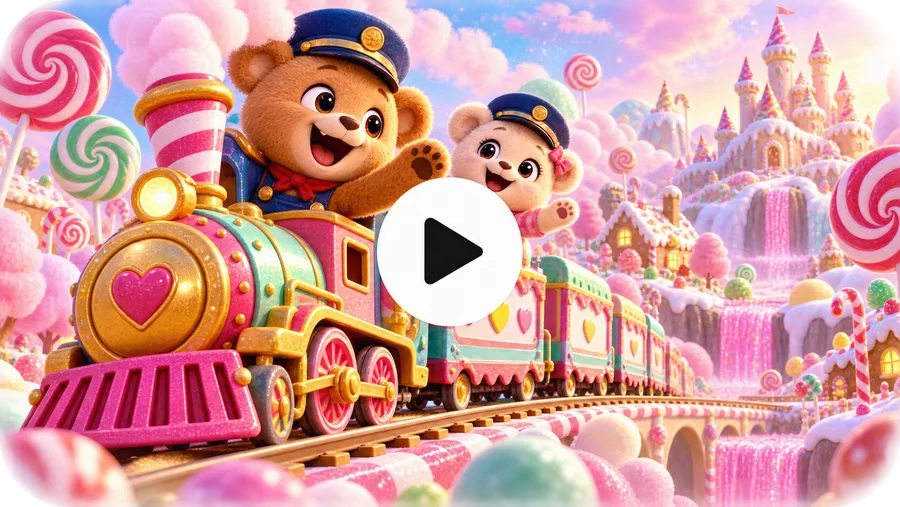 ViralToon AI showcase cartoon frame of a teddy bear driving a candy train through a pink castle land