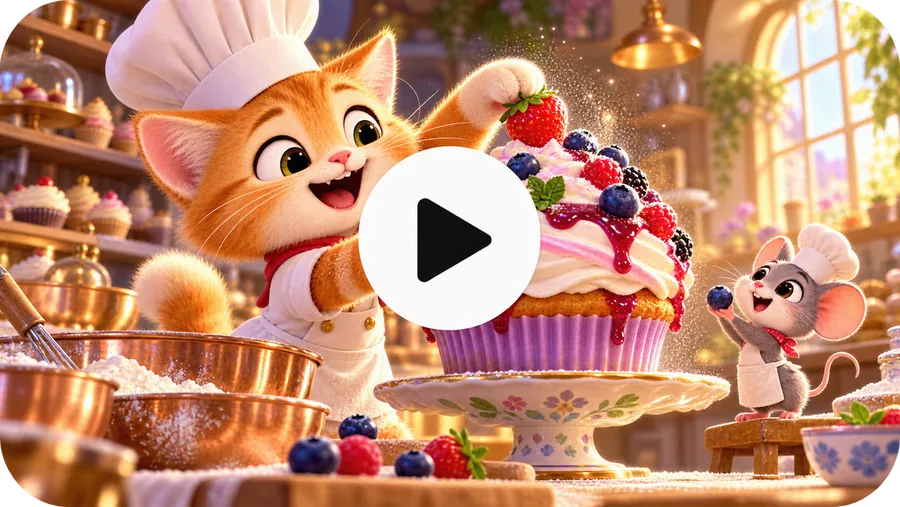ViralToon AI showcase cartoon frame of a cat chef in a bakery kitchen with a mouse helper