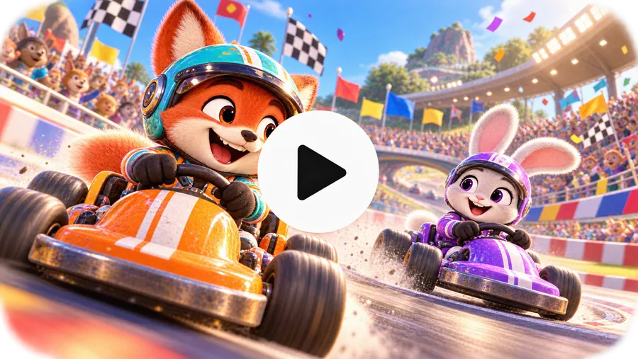 ViralToon AI showcase cartoon frame of a fox racing a go-kart with a bunny passenger