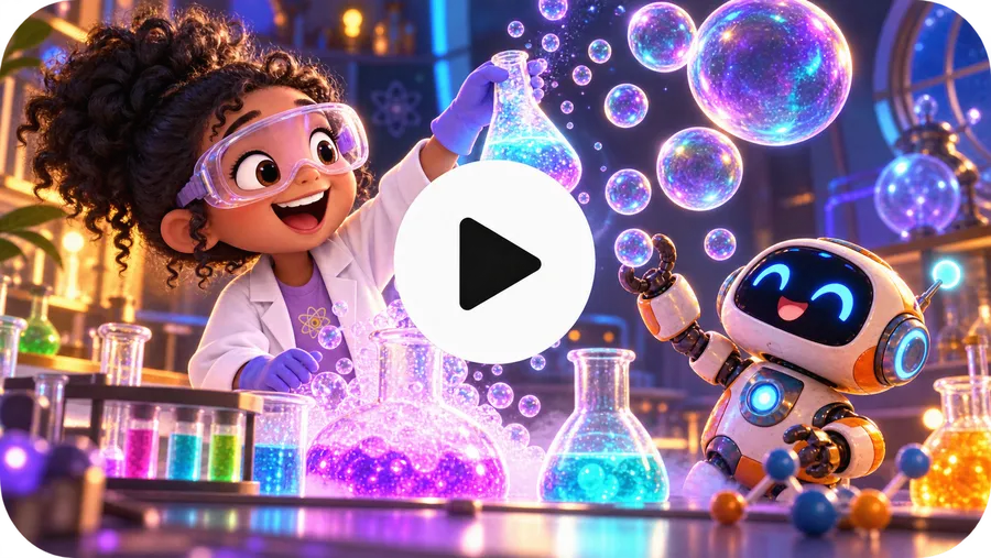 ViralToon AI showcase cartoon frame of a girl in a science lab with a robot and bubbles