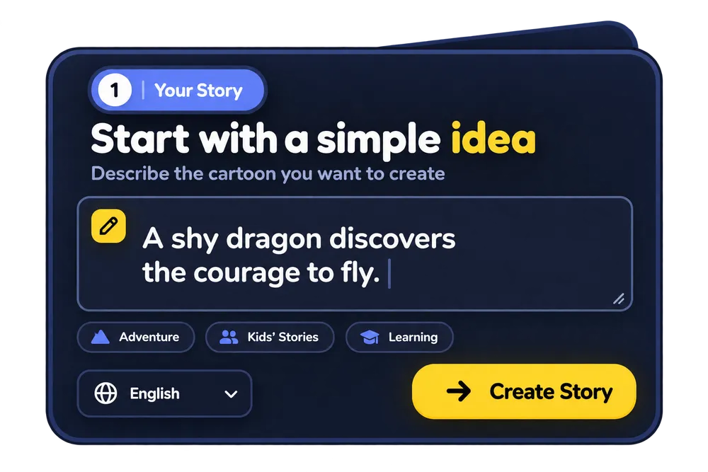 ViralToon AI story creation panel with the text Start with a simple idea and a shy dragon prompt