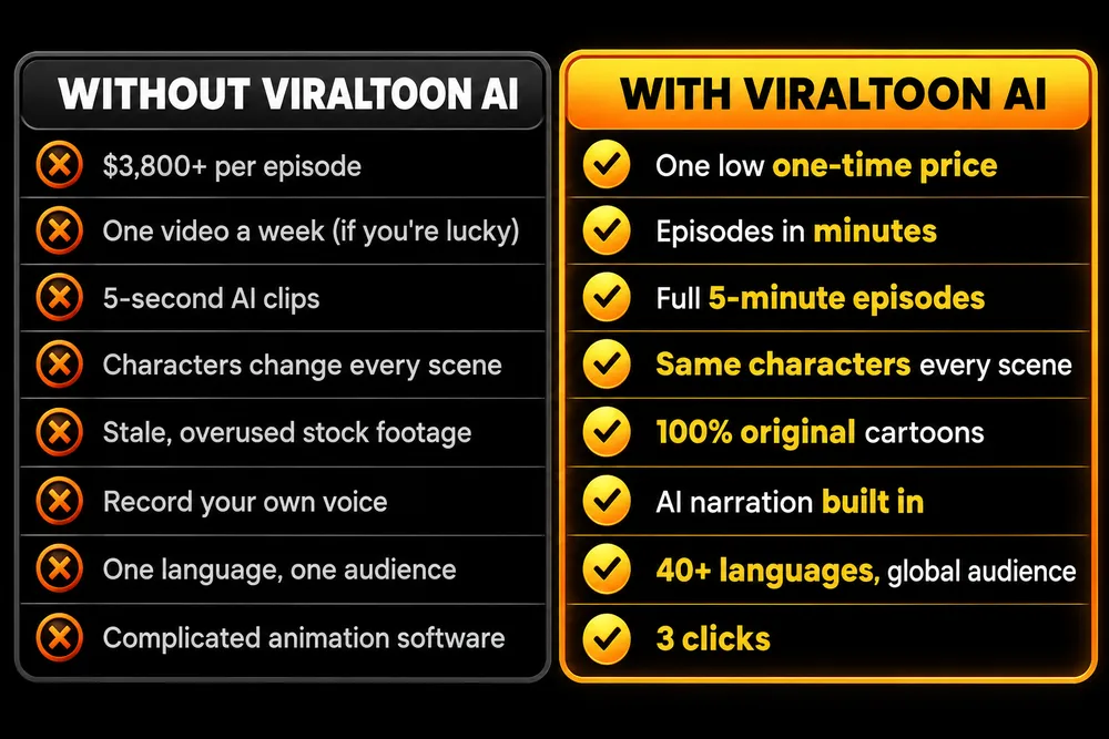 Vendor comparison chart of making a cartoon without ViralToon AI and with ViralToon AI