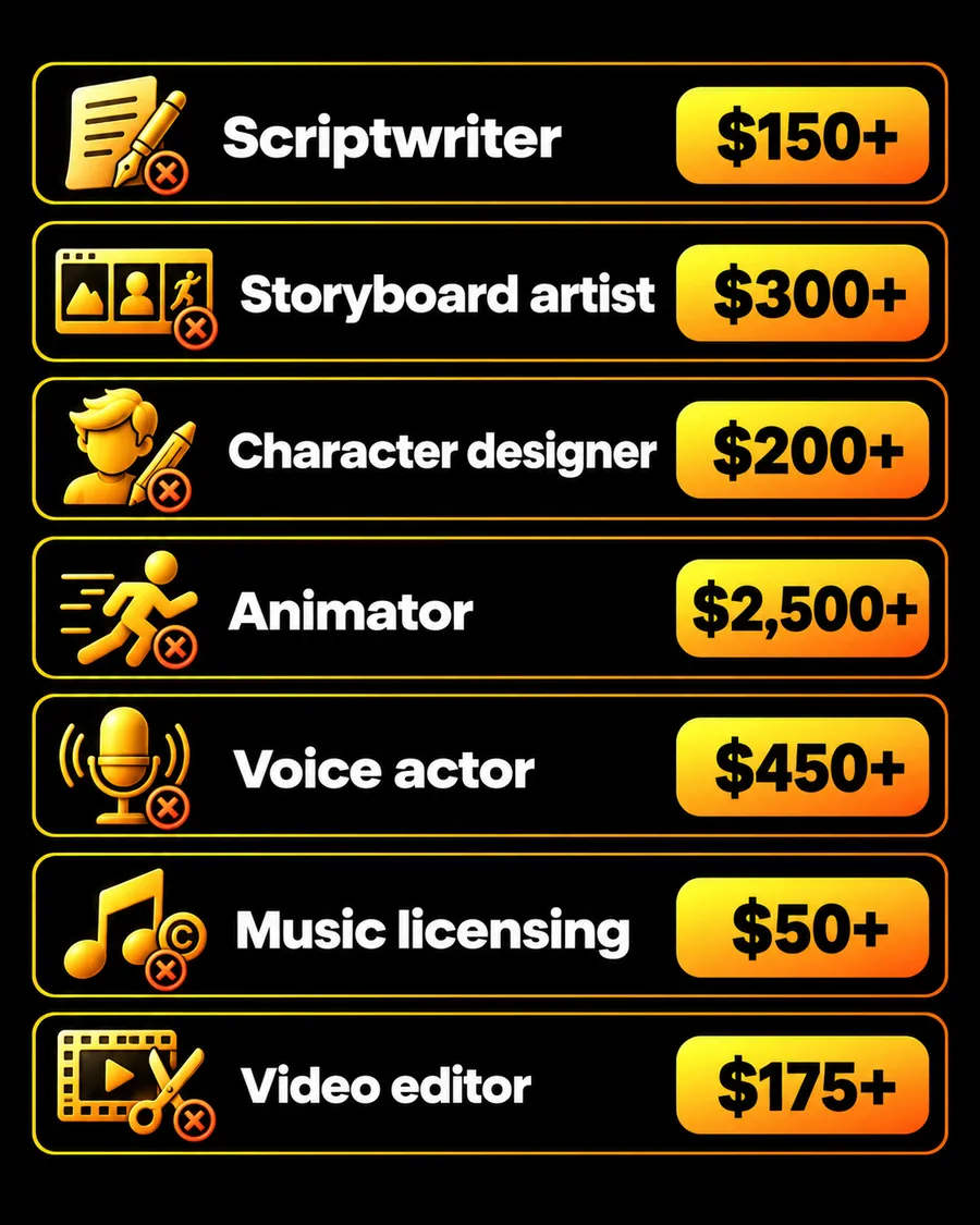 Vendor cost breakdown listing scriptwriter, storyboard artist, character designer, animator, voice actor, music licensing and video editor costs per episode
