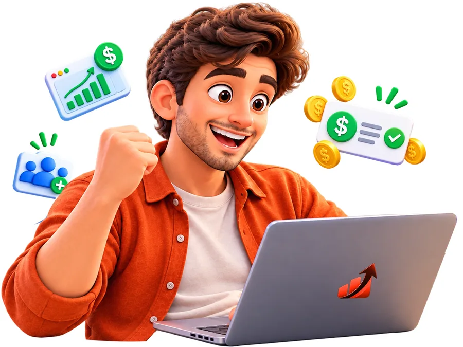 Happy person at a laptop celebrating with coins and growth icons, representing recurring membership income