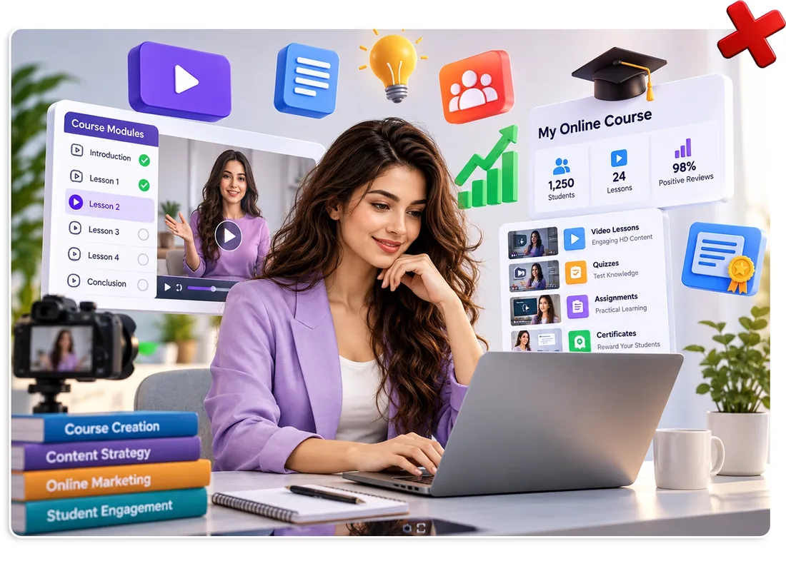 Creator at a laptop with a course outline, video lesson and quiz icons around her