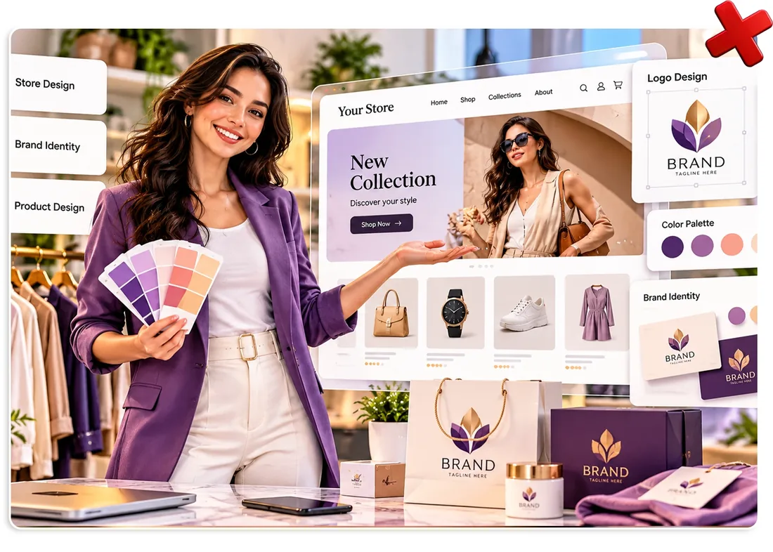 Designer with brand colors, logo and store design cards around her