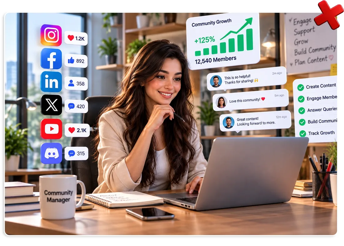 Creator at a laptop with social icons, community growth charts and member posts