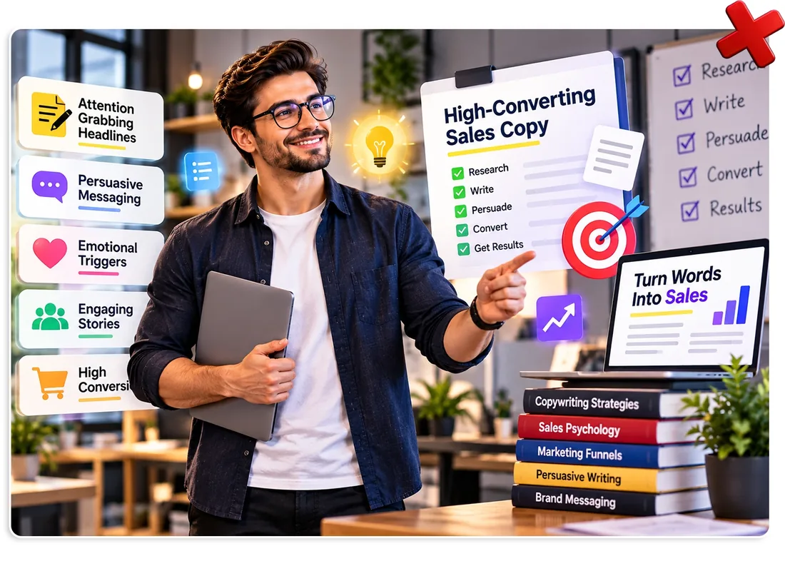 Man with a laptop surrounded by high-converting sales copy, headline and persuasion cards