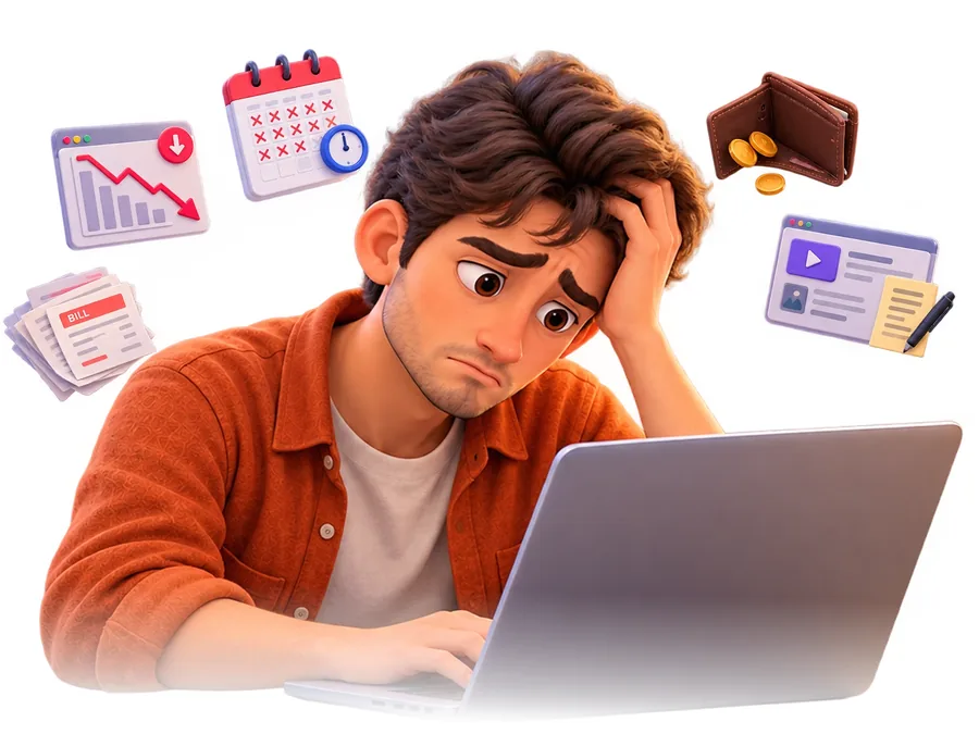 Stressed person at a laptop with falling charts and calendar icons, representing starting from zero every month