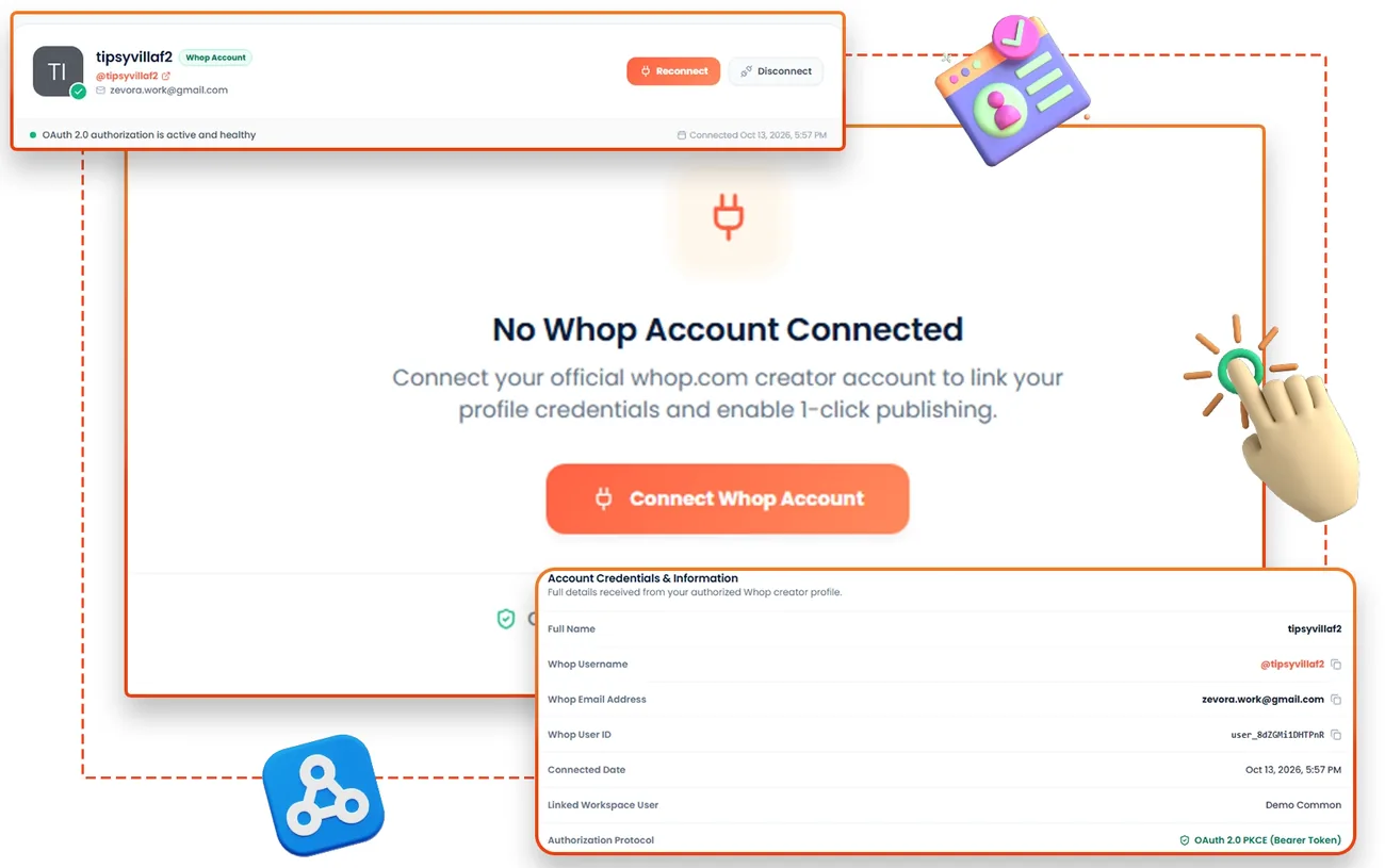 Whop Engine One-Click Whop Connect feature screen from the vendor sales page