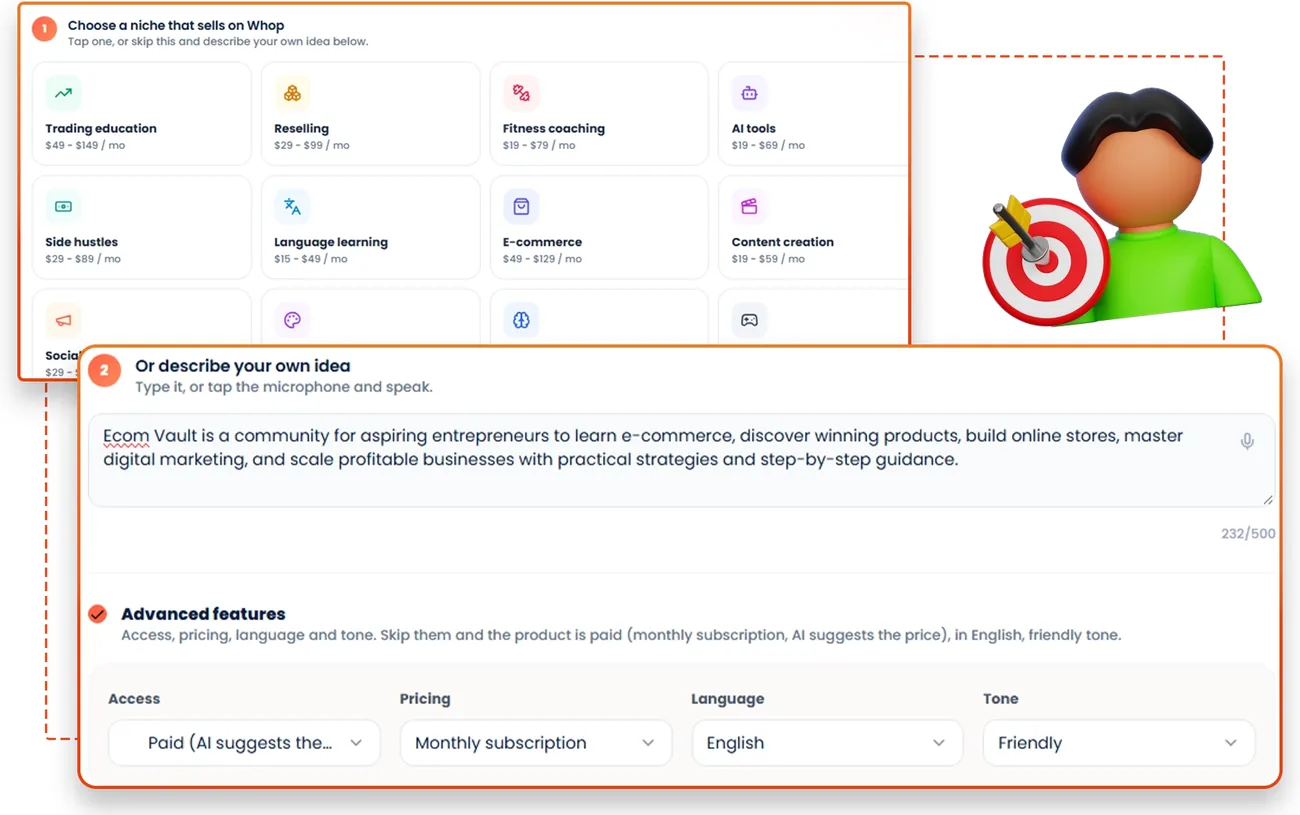Whop Engine Whop Niche Finder feature screen from the vendor sales page