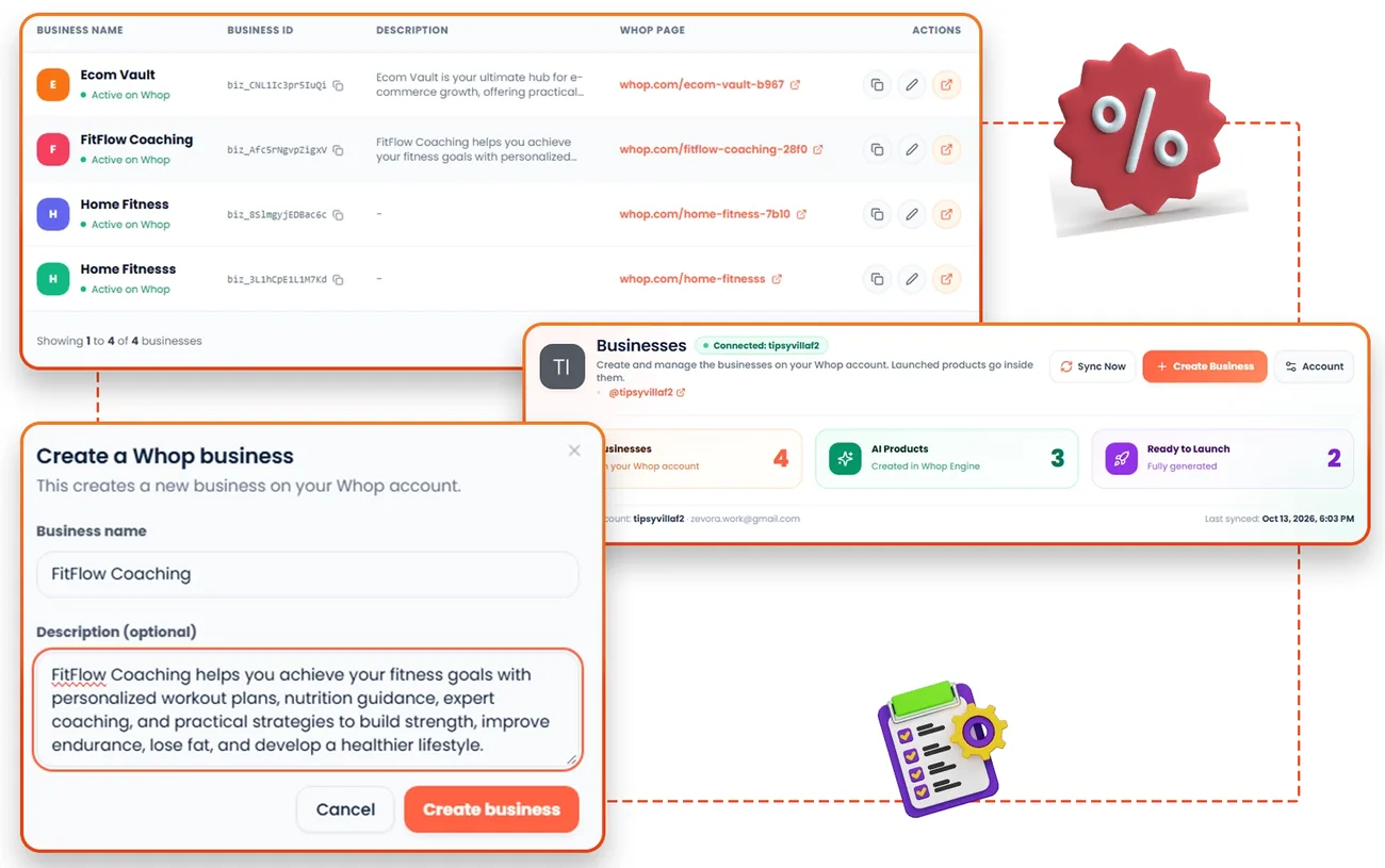 Whop Engine AI Business Blueprint feature screen from the vendor sales page