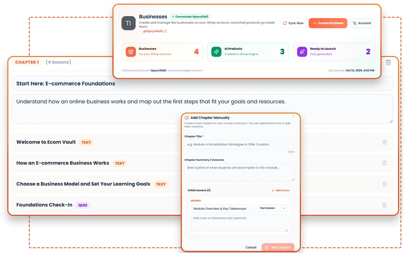 Whop Engine AI Course Builder feature screen from the vendor sales page