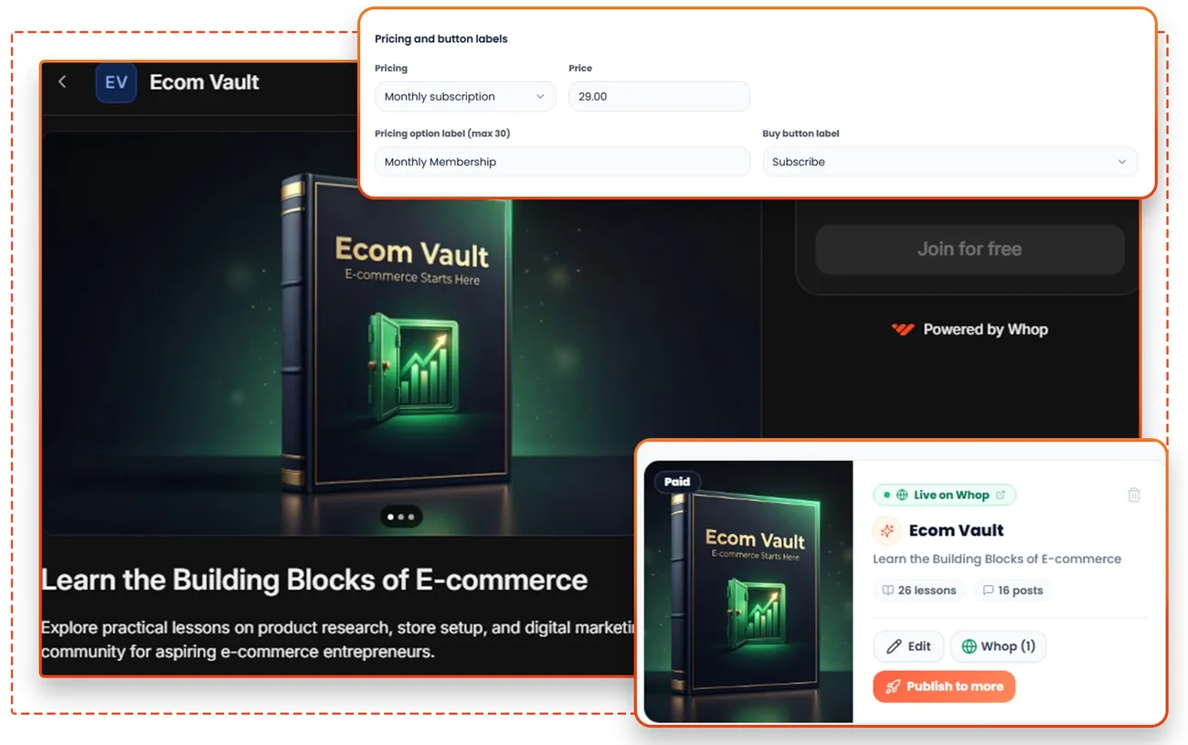 Whop Engine One-Click Launch feature screen from the vendor sales page