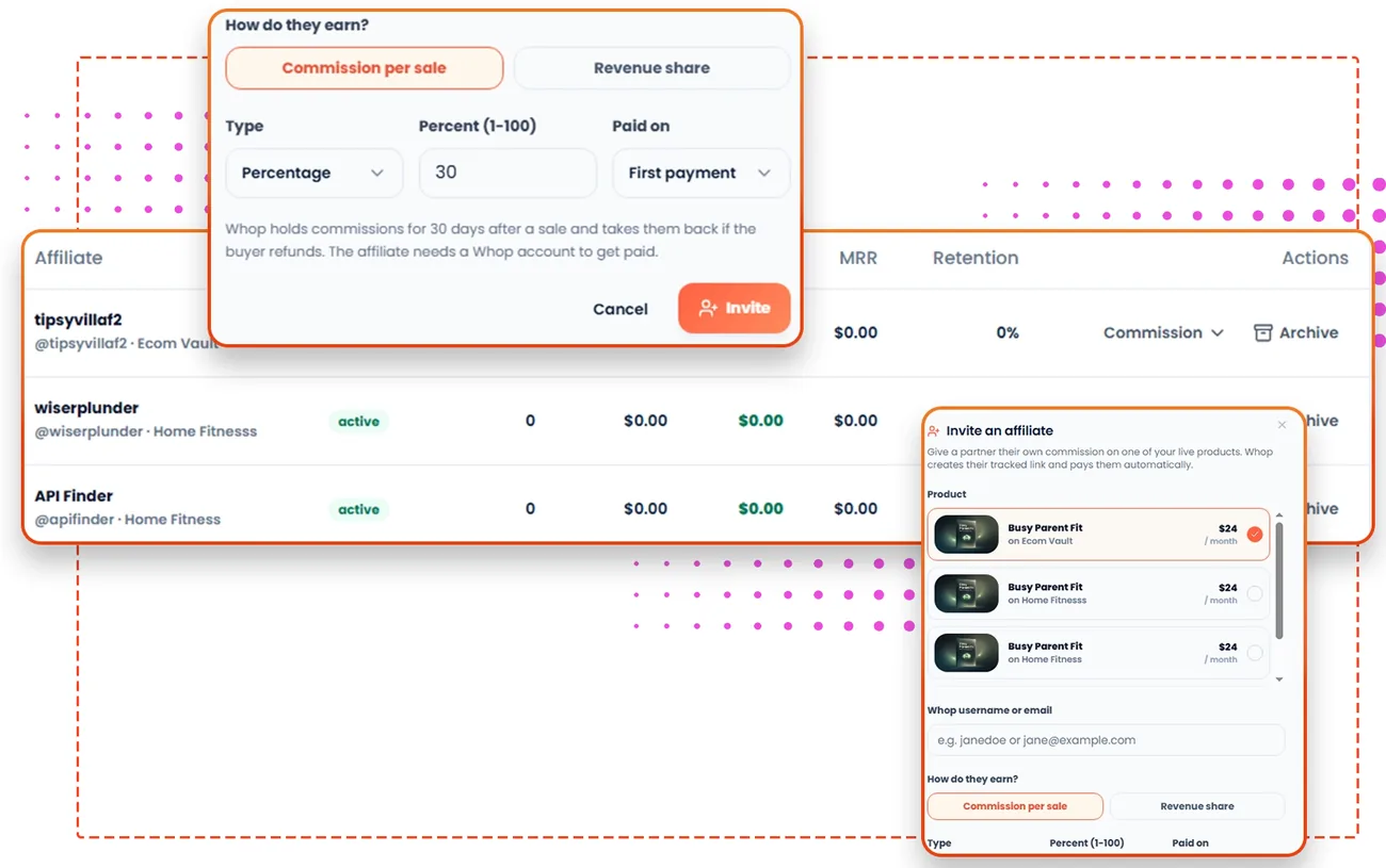 Whop Engine Affiliate Activator feature screen from the vendor sales page