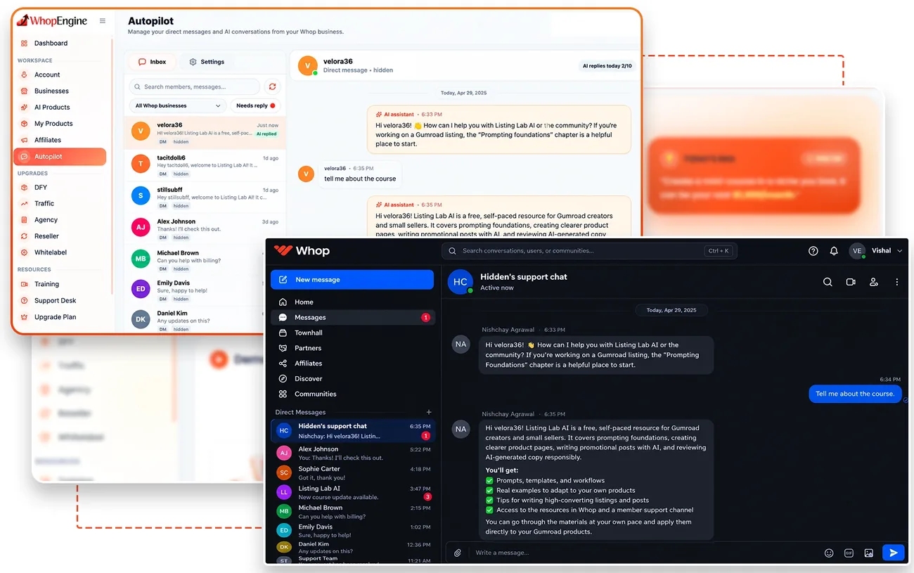 Whop Engine Content Autopilot feature screen from the vendor sales page